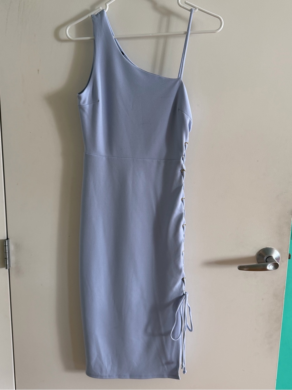 One-Shoulder Light Blue Midi Dress with Side Lace-Up